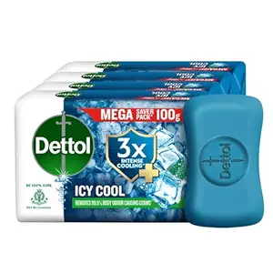 Dettol Icy Cool Bathing Soap Bar With 3x intense cooling (400gm), 100gm - Pack of 4